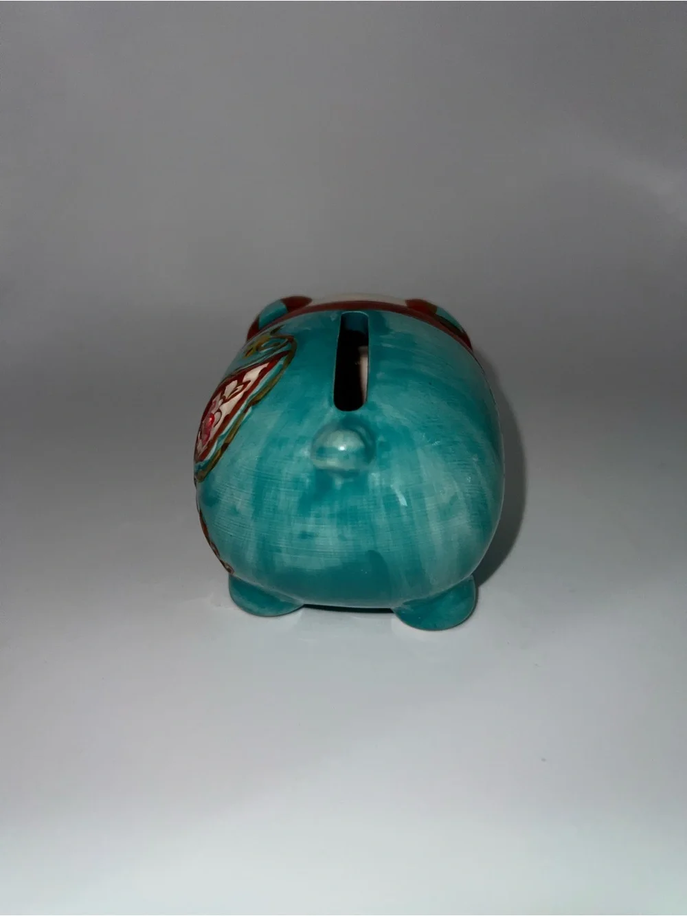 Ceramic Piggy Bank Figurine in Turquoise and White